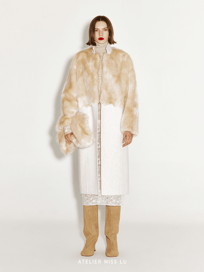 ATELIER MISS LU faux fur patchwork long sheep's wool coat -HECATE.