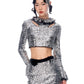 High-end silver sequin feather embellished long pencil cocktail skirt + top set