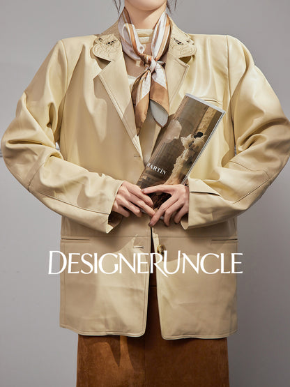 DGU|Beige jacket design sense niche temperament simple loose lapel cropped top - Stephania.