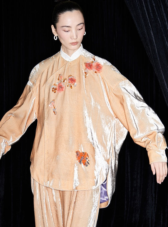 M essential Marquette Rulang velvet dahlia Thai lion goldfish studded bead shirt - BAO.