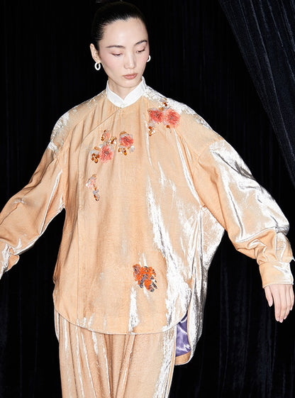 M essential Marquette Rulang velvet dahlia Thai lion goldfish studded bead shirt - BAO.