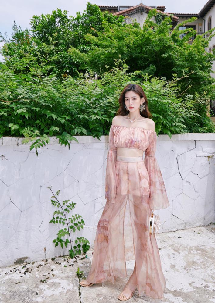 DOLLY Luxury Retro French Style Long Sleeve Top+ Retro Print Midi Slit Skirt-BIANCA