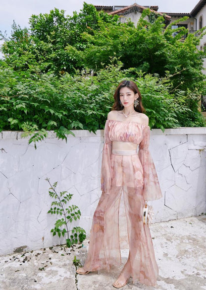 DOLLY Luxury Retro French Style Long Sleeve Top+ Retro Print Midi Slit Skirt-BIANCA