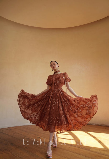 LE VENT&TES AILES Luxury French Disc Embroidered Sequin 3d Vintage brown Dress - LINA