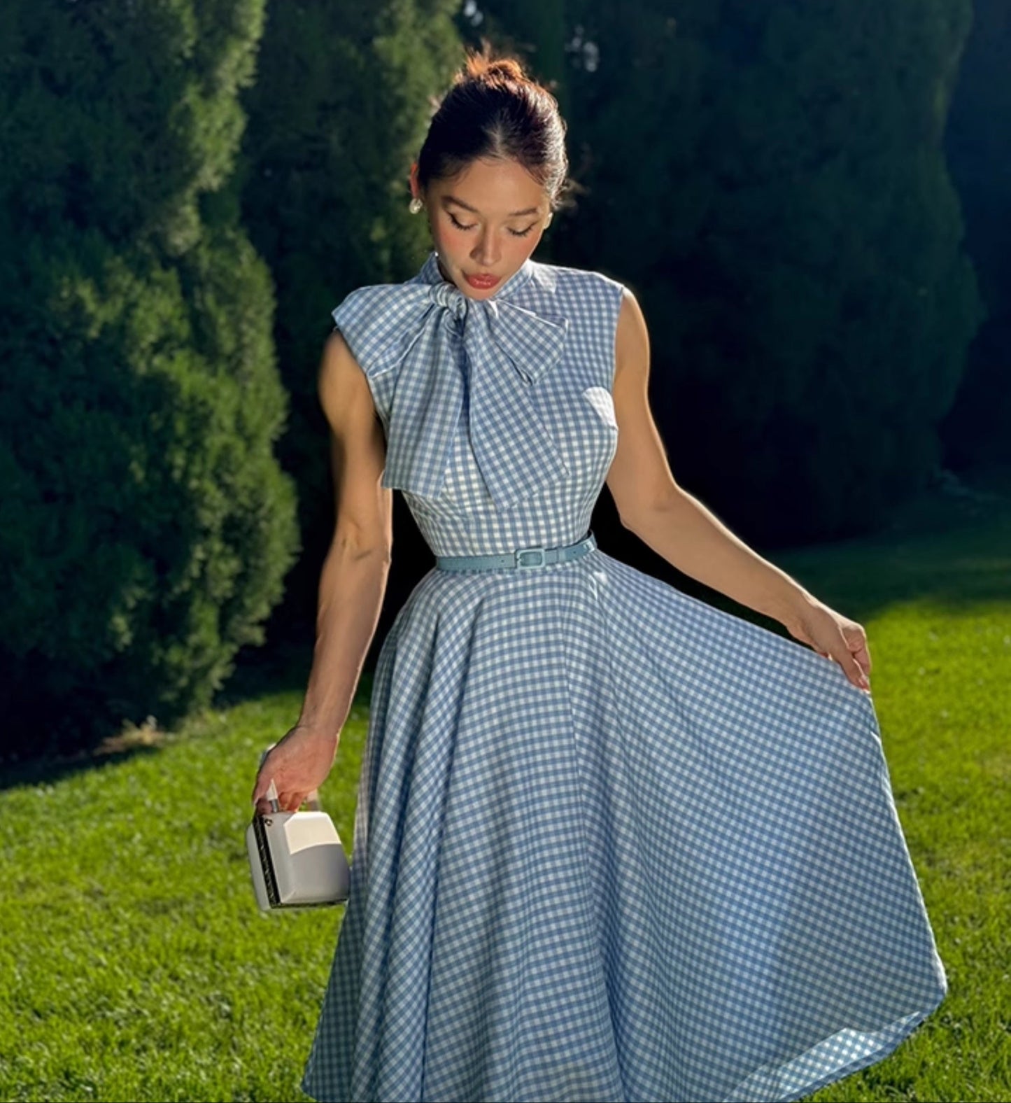 Le Palais Vintage Hepburn style elegant plaid slim fit large skirt dress-HANKS