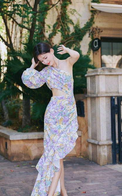 DOLLY Elegant Slant Collar Long Puff Sleeve Hollow Irregular Ruffled Hem Dress-KIERA