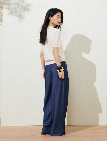 SUSHE LACE STITCHING V-NECK FIVE-QUARTER SLEEVES TWO-PIECE KNITTED TOP-EVA