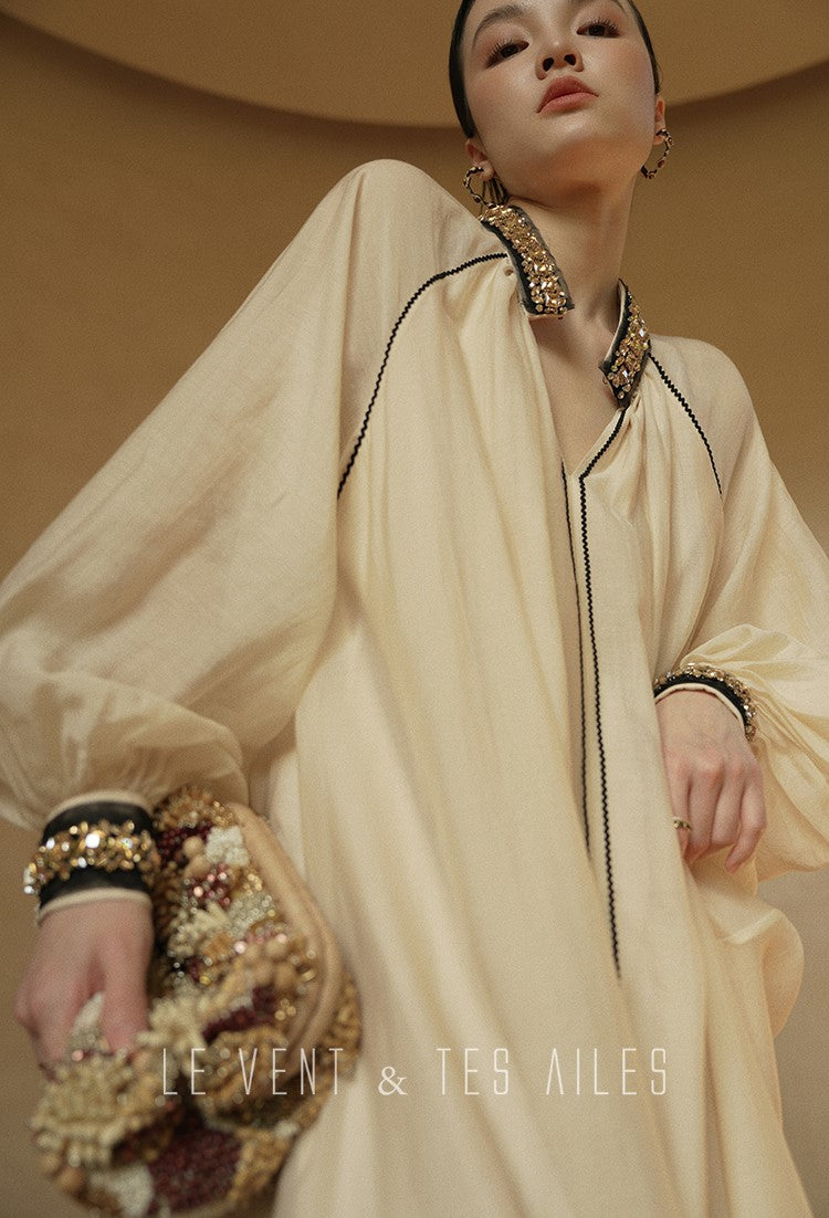 LE VENT&TES AILES retro Crystal embellished Premium Silhouette Tencel Beaded vacation Dress-YUTA