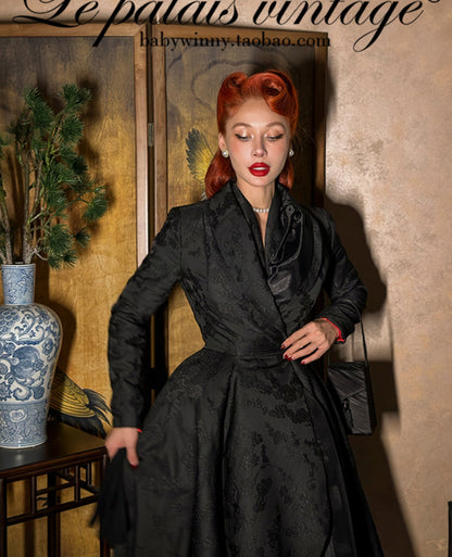 Le Palais Vintage  Lace Dark Pattern Waist Black Slim Skirt Coat-CHASE