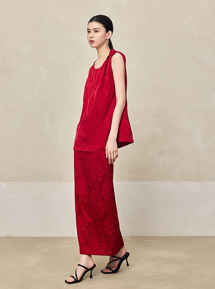 HECO Acetate Jacquard Rear Slit High Waist Slim Red Black White A-line Skirt Woman - KINGDOM.