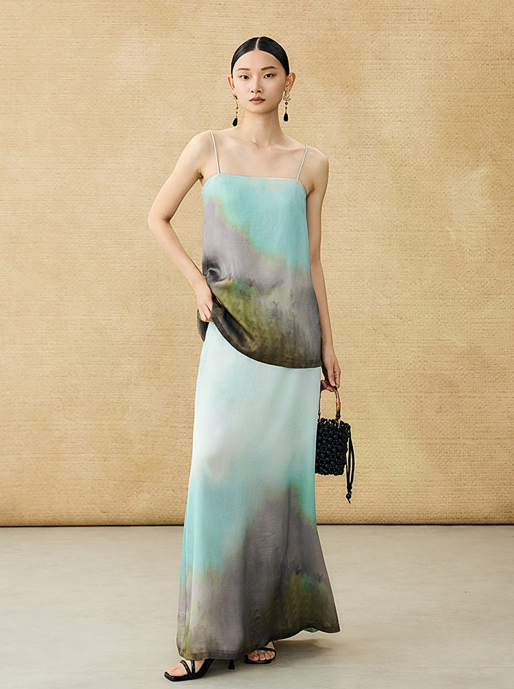 HECO Chinese Style Smudge Human Silk Camisole Cool and Breathable Seaside T - PALM.