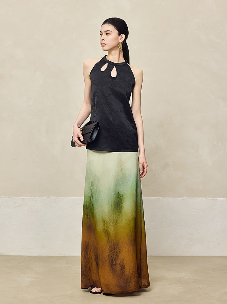 HECO Blended Chiffon Drape A-line High waist Yellow Green Thin Skirt Women - DEPTH.