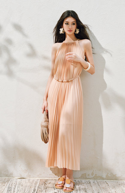 WANGXO | Natural Stone Beaded Halterneck Flowing A-Line Umbrella Skirt -ZENA
