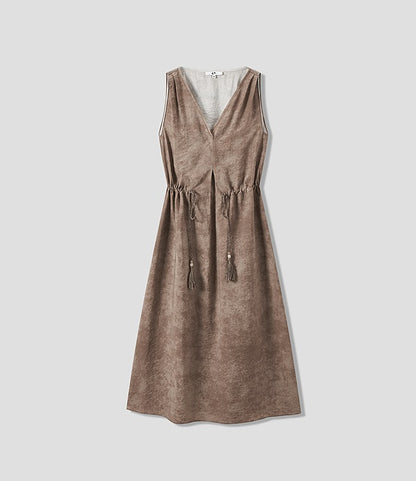 COMME MOI summer sleeveless V-neck drawstring brown dress - FRANK.