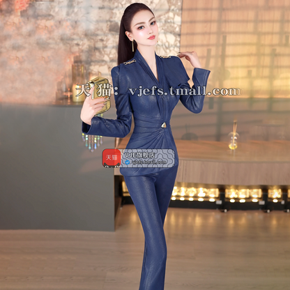 VJE pleated top bell bottom pants two-piece suede suit set - OPO.