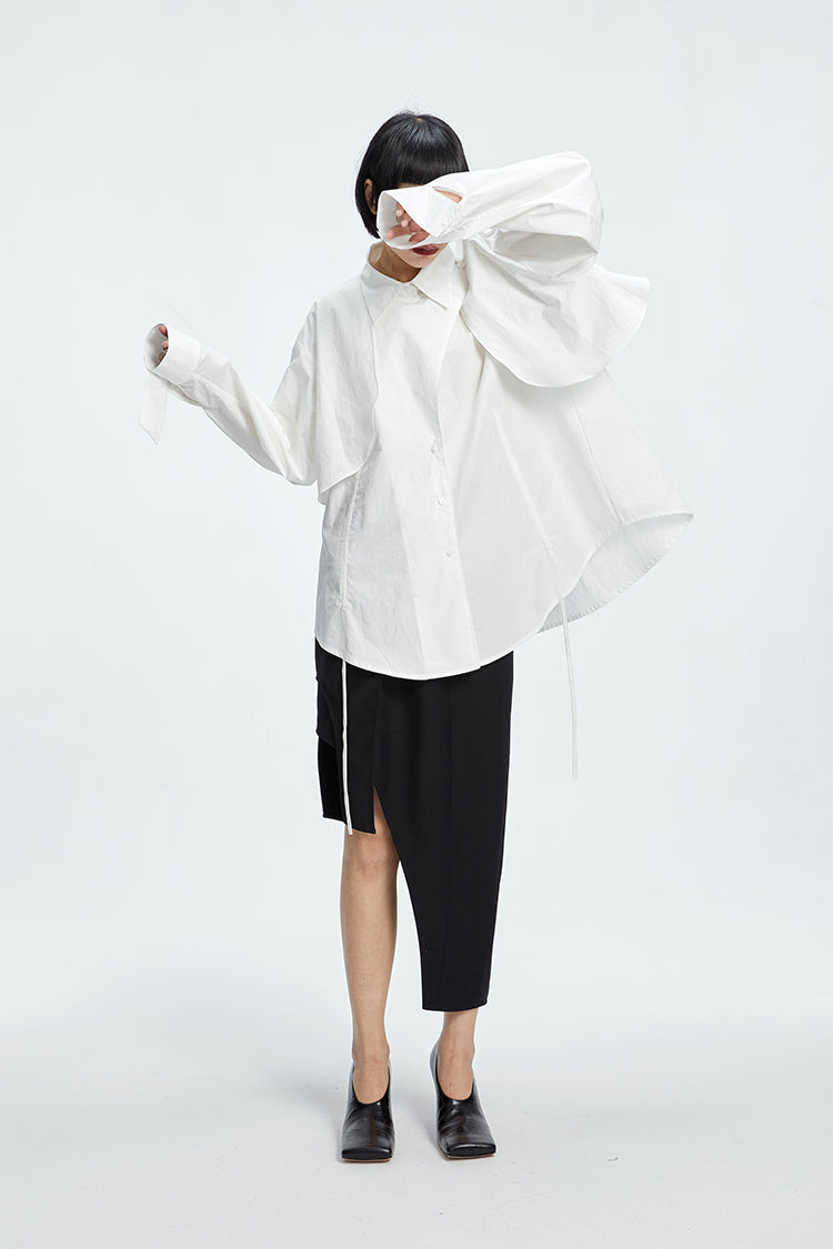 TINY IN  two irregular drawstrings waist cinching blue white shirts-DANTE