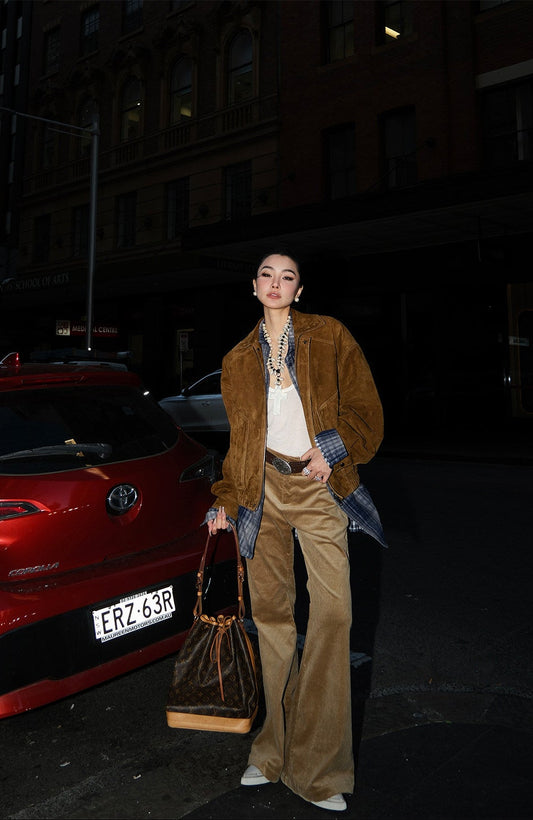 MEI SANGUAN Caramel Suede French Retro Genuine Leather Jacket - AIKO