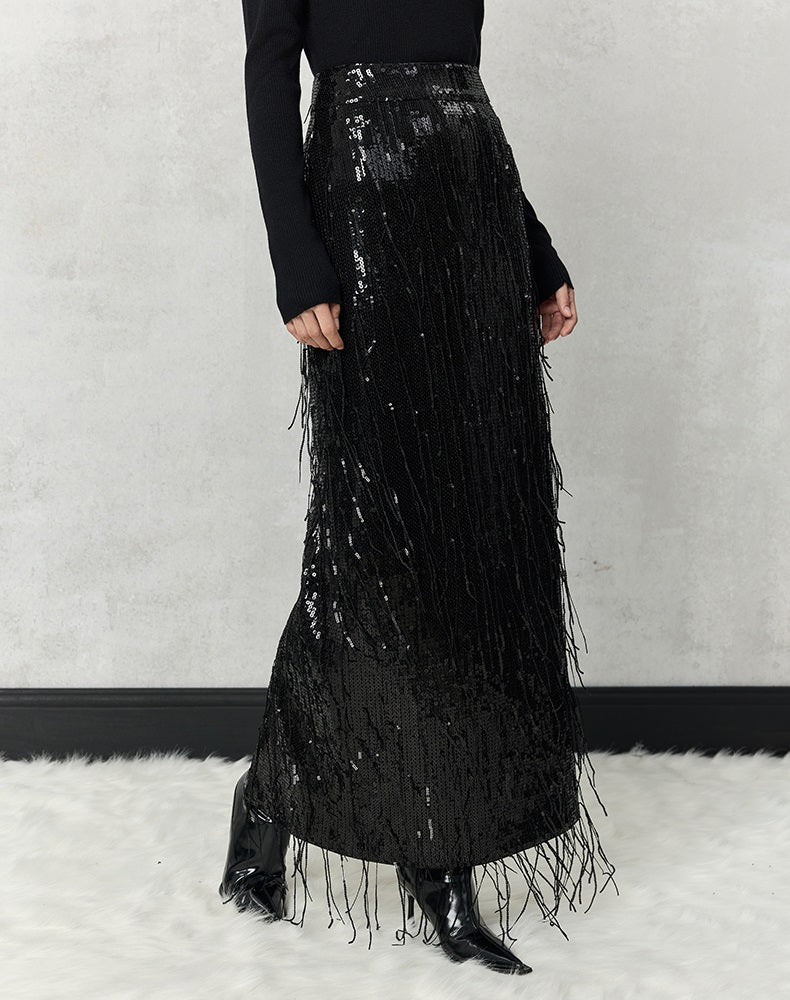 HECO 100% polyester Silver Black Sequins High Waist Slim Skirt Woman - sun.