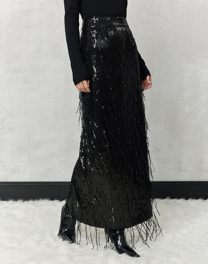 HECO 100% polyester Silver Black Sequins High Waist Slim Skirt Woman - sun.