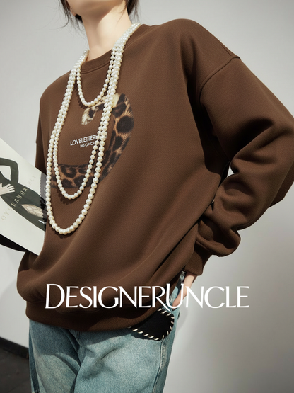 DGU×LAB "Skyland" brown fleece crew neck loose lazy style printed sweatshirt - MAI