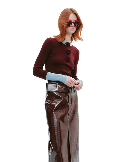 YES BY YESIR sheep wool three small red flower knitted top- ROMAN.