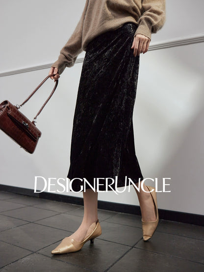 DGU "Mu Jin" khaki new retro velvet high-end slimming skirt - STOP.