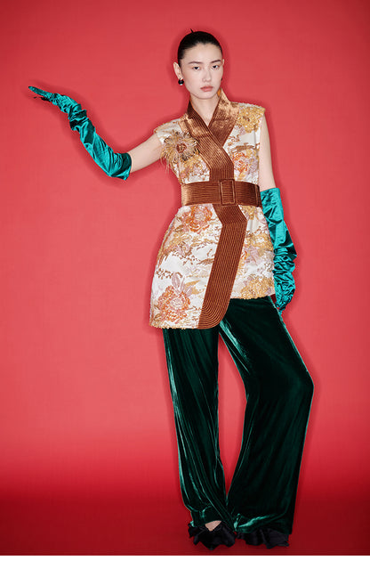 M essential Mackay designer quilted wide belt placket vest pant set- indira