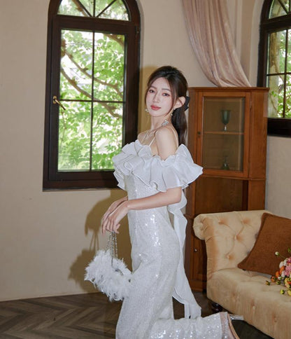 DOLLY Elegant White Off Shoulder Sequin Ruffled Tube Top Banquet Dress-ALICIA