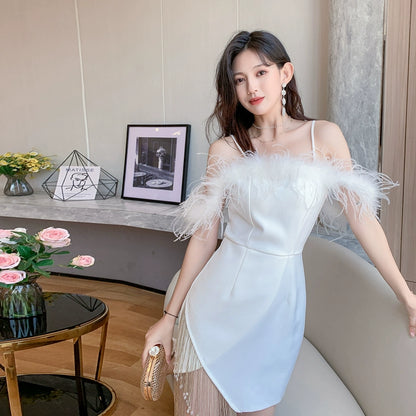 DOLLY Elegant Sling Off Shoulder Feather Slim Fit Short Tassel Birthday Dress-JAJA