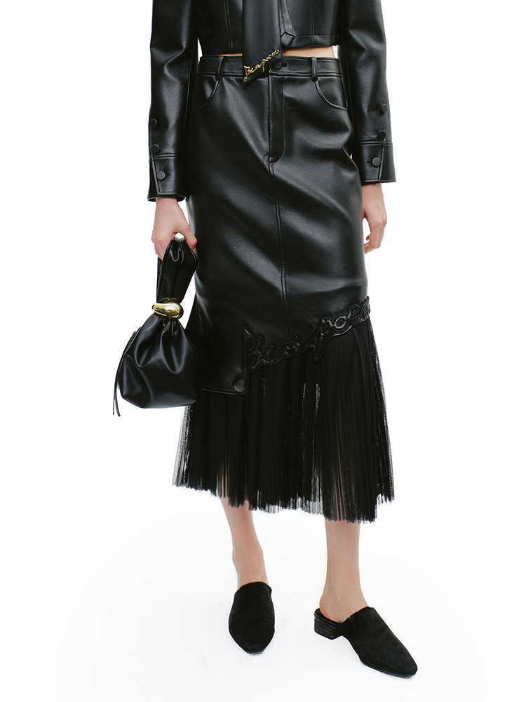 YES BY YESIR  mesh spliced mermaid leather skirt - RASP.