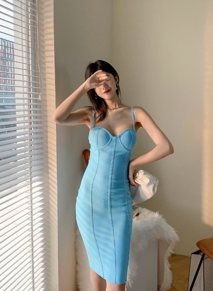 DOLLY Elegant Blue Deep V-Neck Sleeveless Knitted Body Hug Party Dress-KAREN