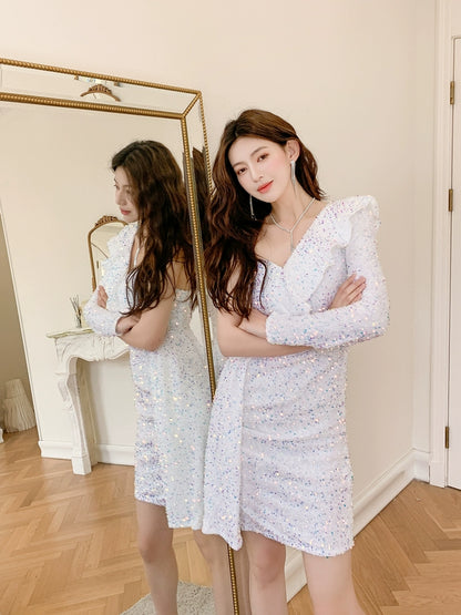 DOLLY Luxury White Sequined Slant Collar Off Shoulder Long Sleeve Dinner Dress-KAKA