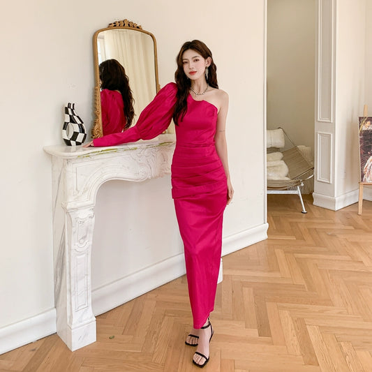 DOLLY Elegant Pink One Shoulder Lantern Sleeve High waist Slit Long Party Dress-KATE