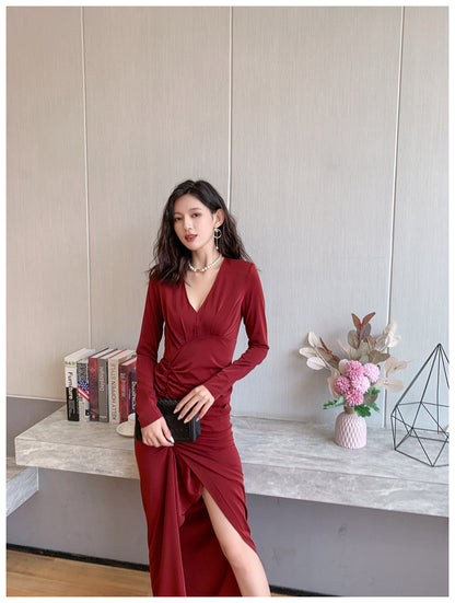 DOLLY Retro Style V-Neck Long Sleeve Pleated Waist Long Slit Dinner Dress-NEYO