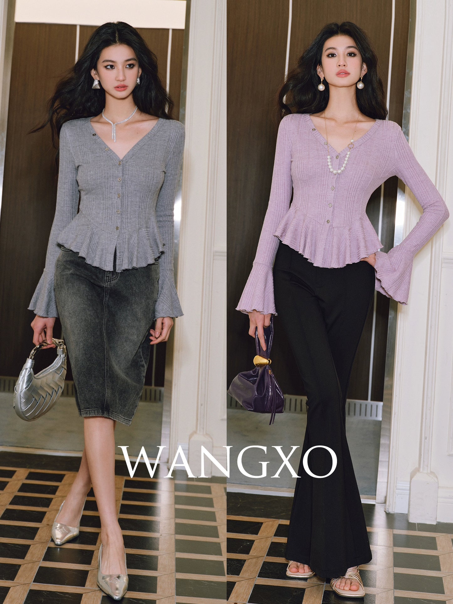 WANGXO | Bright Silk Knit V-Neck Waist Ruffle Top -SÁYA.