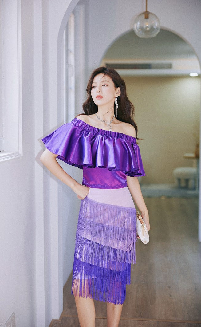 DOLLY Elegant Purple Satin Ruffle Of Shoulder Top+ Gradient Tassel Skirt-ZAYN