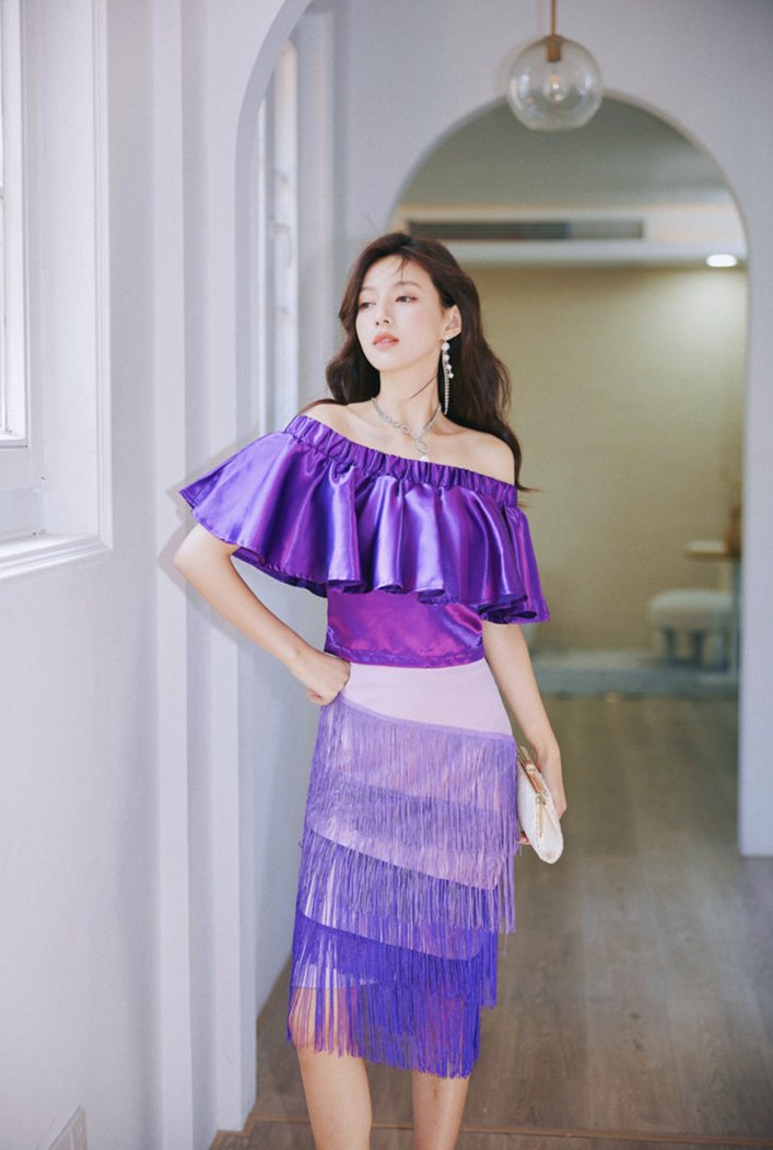 DOLLY Elegant Purple Satin Ruffle Of Shoulder Top+ Gradient Tassel Skirt-ZAYN