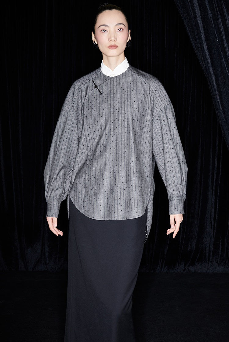 M essential Mackay designer sand diamond grey stripe diamond buckle silhouette shirt - ESHE .