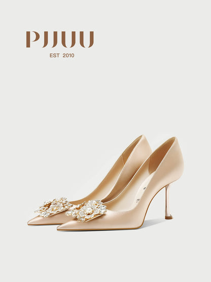 PJJUU champagne colored satin high heels  - TRAIN.