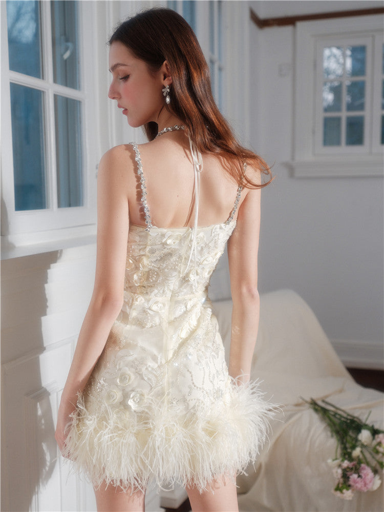 Wardrobes by Chen Luxury V-Neck Sleeveless Floral Feather Short bridal Dress-Shife