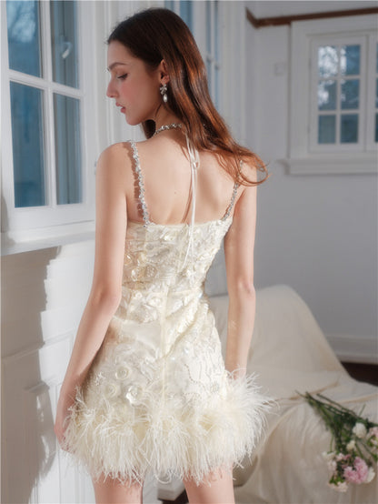 Wardrobes by Chen Luxury V-Neck Sleeveless Floral Feather Short bridal Dress-Shife