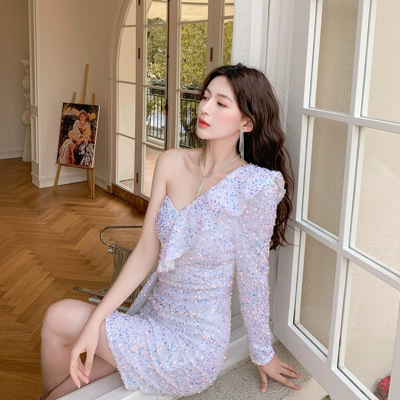 DOLLY Luxury White Sequined Slant Collar Off Shoulder Long Sleeve Dinner Dress-KAKA