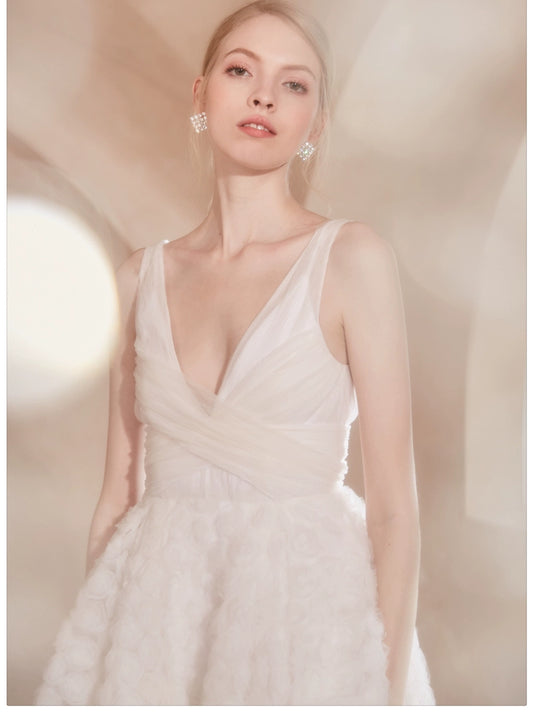 Wardrobes by Chen Luxury White V-Neck Sleeveless Short wedding Dress-Angel