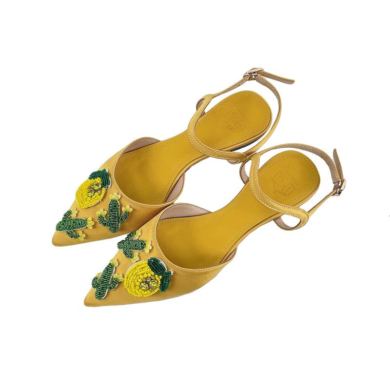 B-FEI Yellow Pointed Toe Embossed Flat Women's Sandals-VILIA.