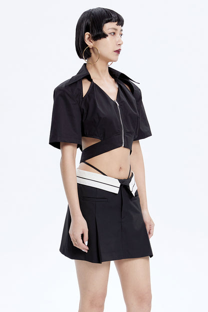 Tiny IN low-waisted contrasting turn-up short pressed pleats skirt-LULU