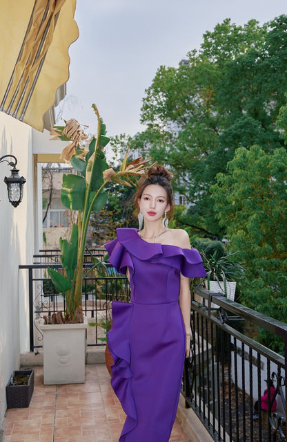 DOLLY Elegant Purple Ruffled Off Shoulder High Waist Midi Ruffle Dress-AKARI