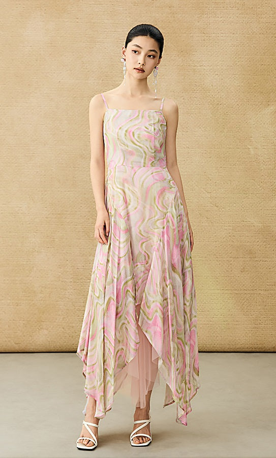 HECO Chinese Style Silk Chiffon Slip Summer Water Ripple Print Long Skirt - PEKKER.