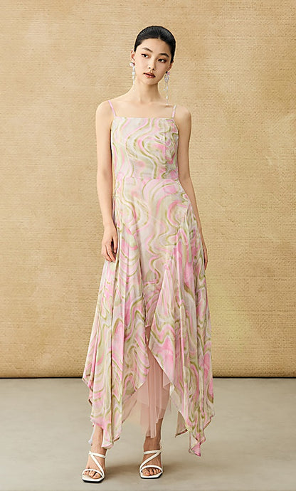 HECO Chinese Style Silk Chiffon Slip Summer Water Ripple Print Long Skirt - PEKKER.