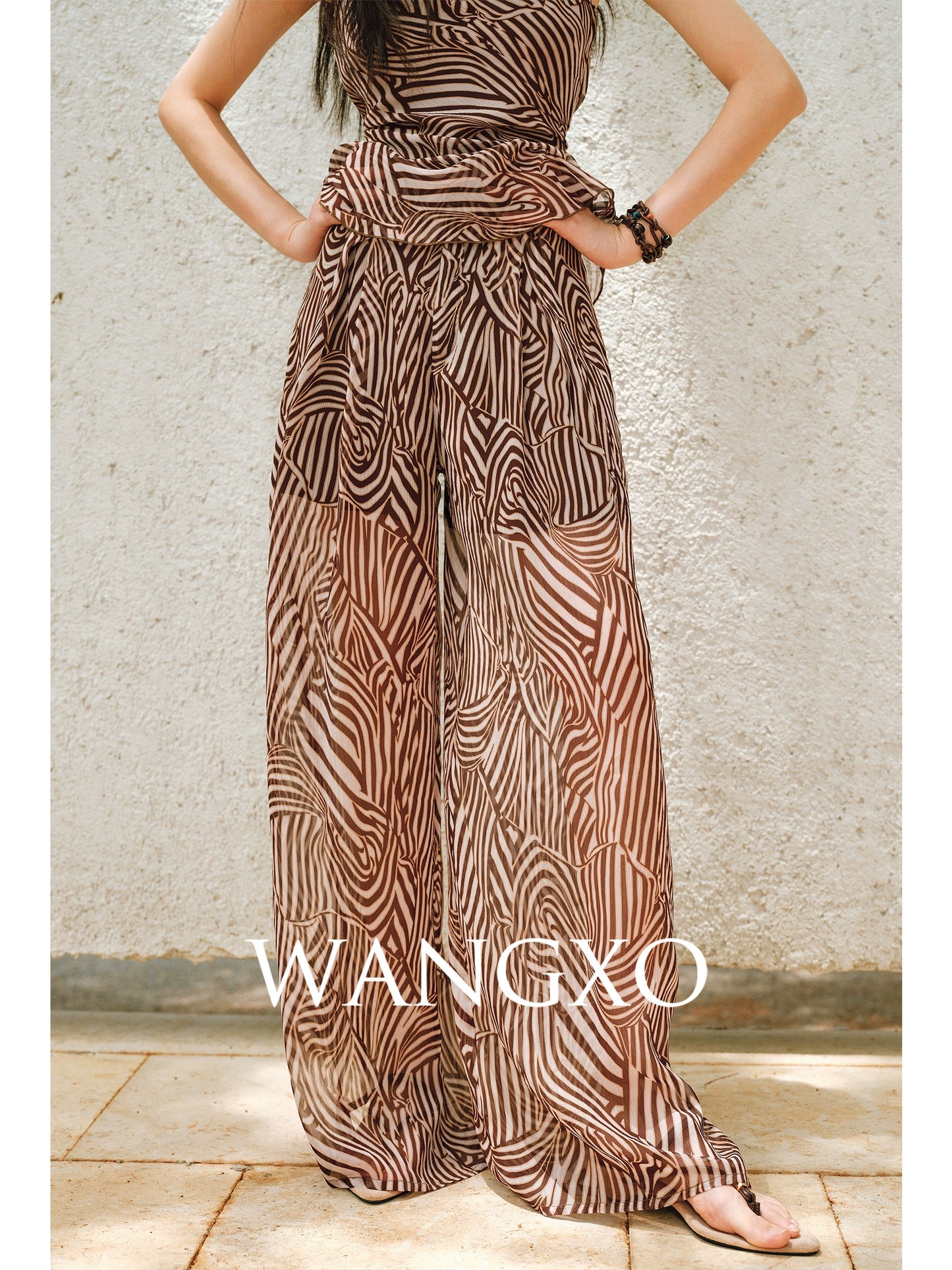 WANGXO Shaved Shoulders Waisted Top & Flowing Wide-Leg Pants -MIRA