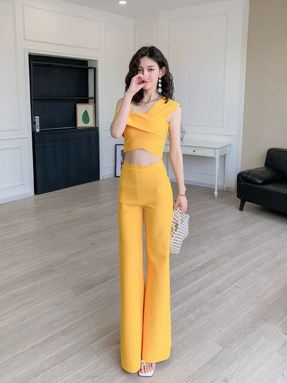 DOLLY Elegant Two Piece One Shoulder Top Design +Long Flared Pants-AMINA